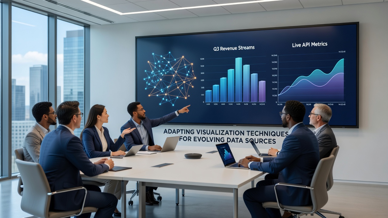 Analysts reviewing adaptive charts connected to changing data sources in a corporate reporting environment