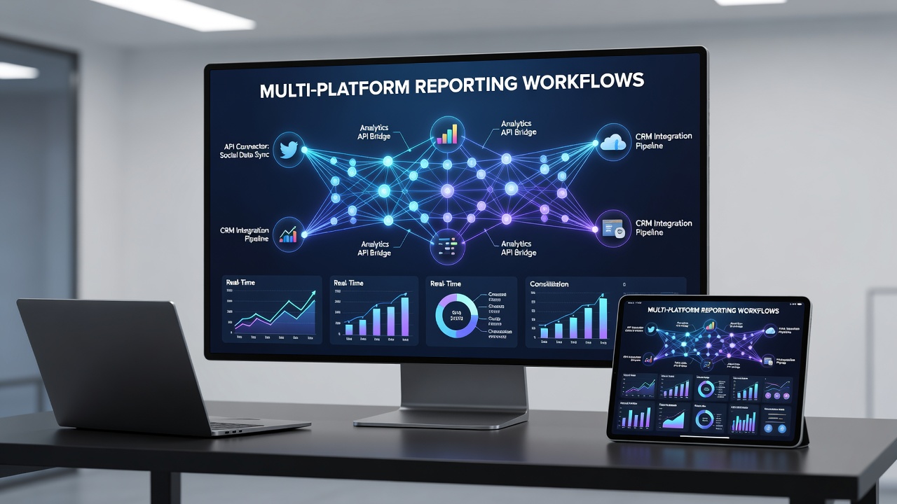 Workflow diagram illustrating API-driven data flow from multiple sources into a centralized reporting interface
